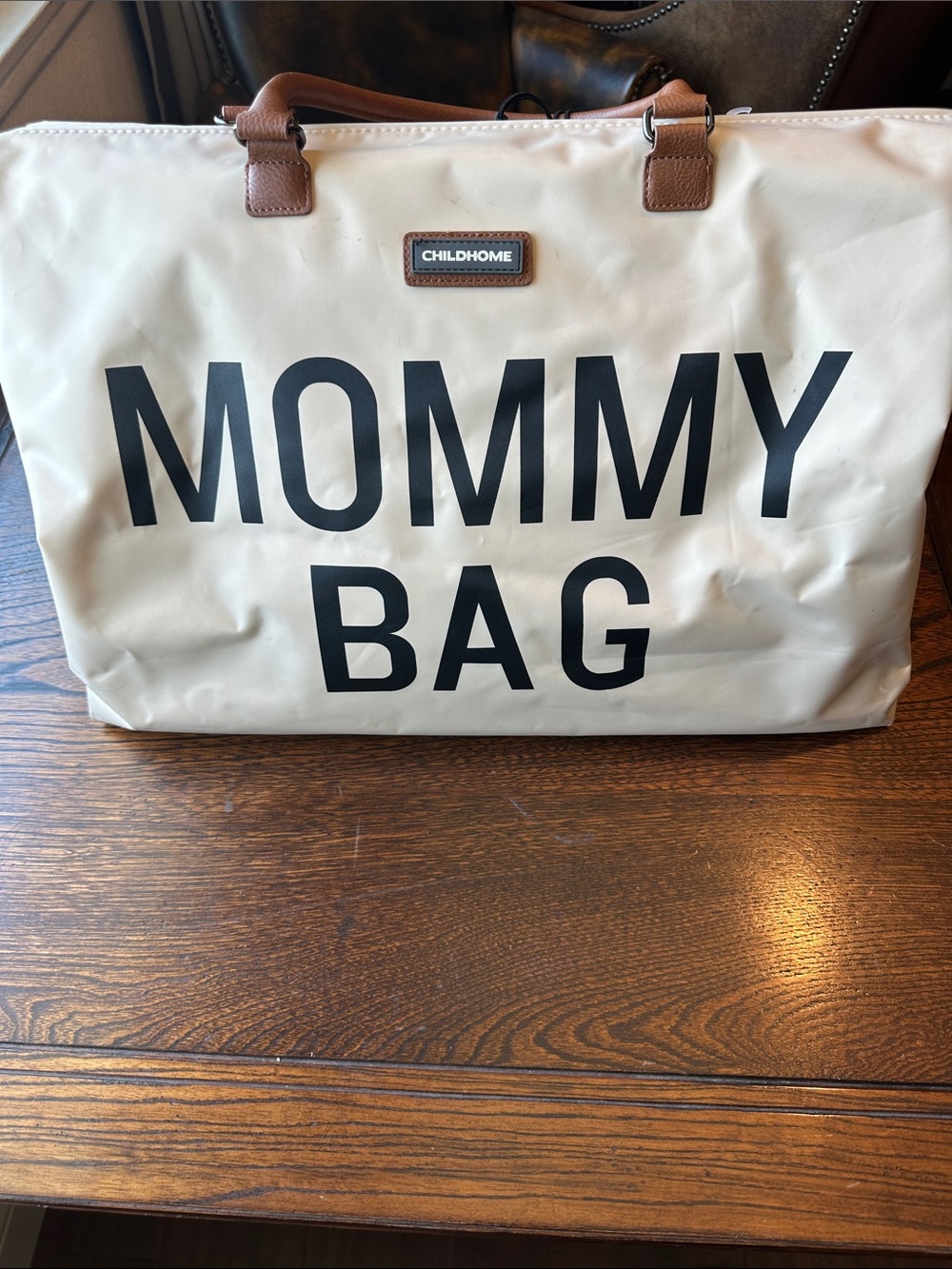 Cream Mommy Bag Tote with Brown Handles